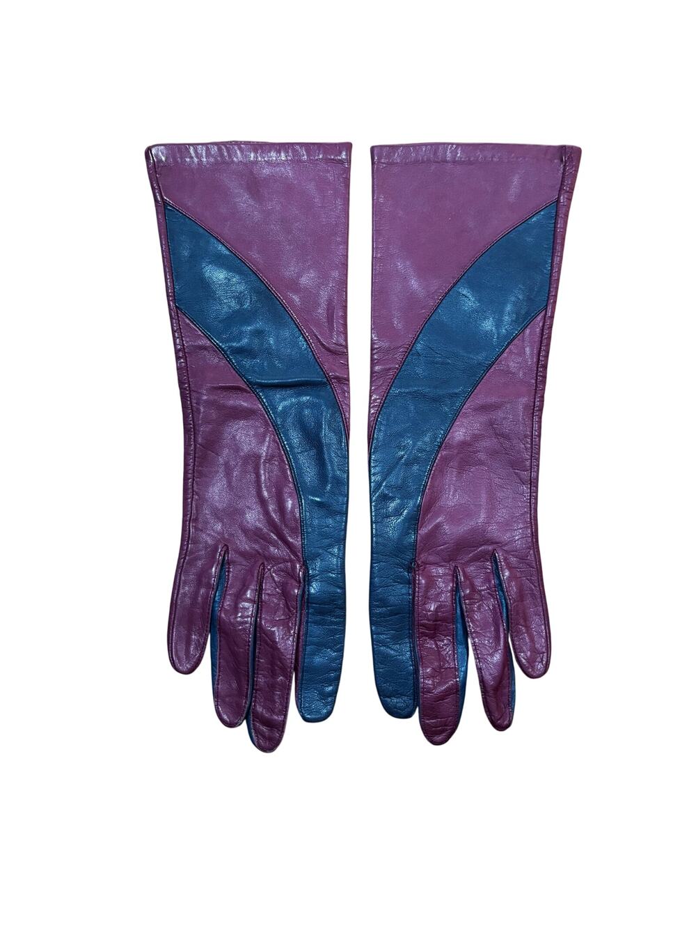 Ladies Vintage Anne Klein ARIS two-tone leather gloves 6.5 berry pink navy blue
